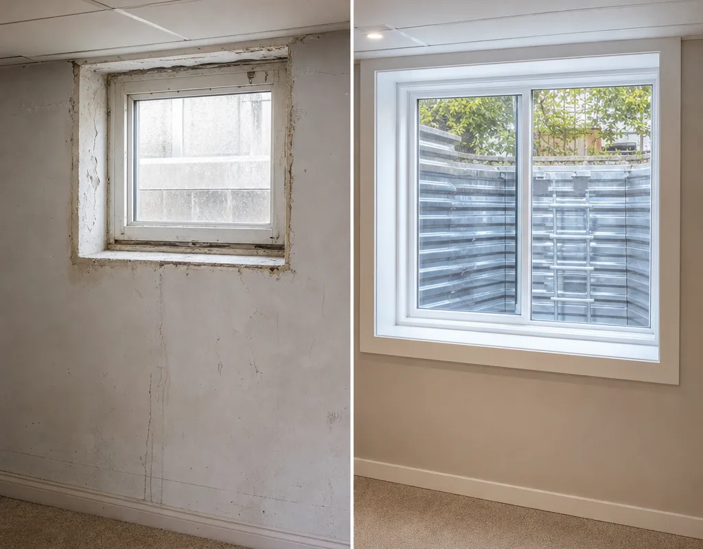 Before-and-after view of a small basement window replaced by a larger egress window with a new well and clean interior trim