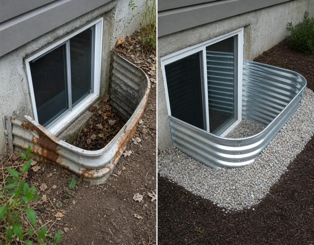 Before and after comparison of a bent old window well and a properly sized replacement aligned with the basement window