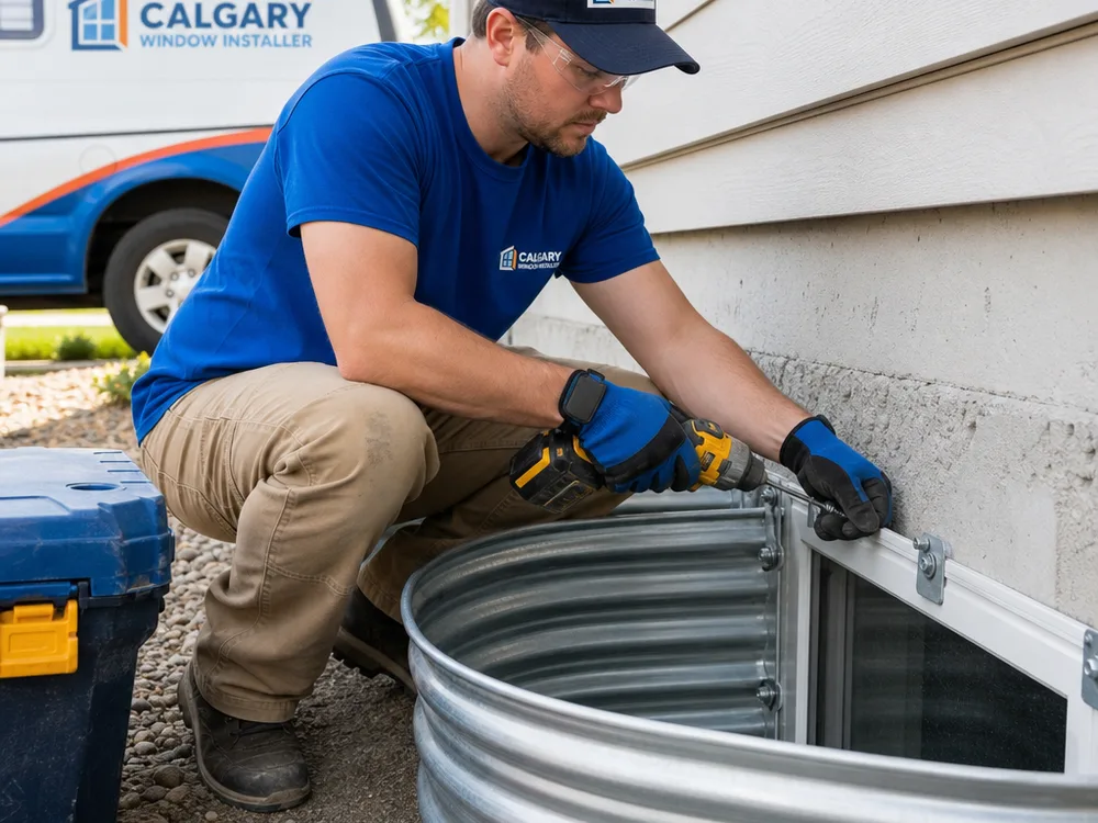 Window well securely fastened to a concrete foundation and aligned with the basement window and finished grade