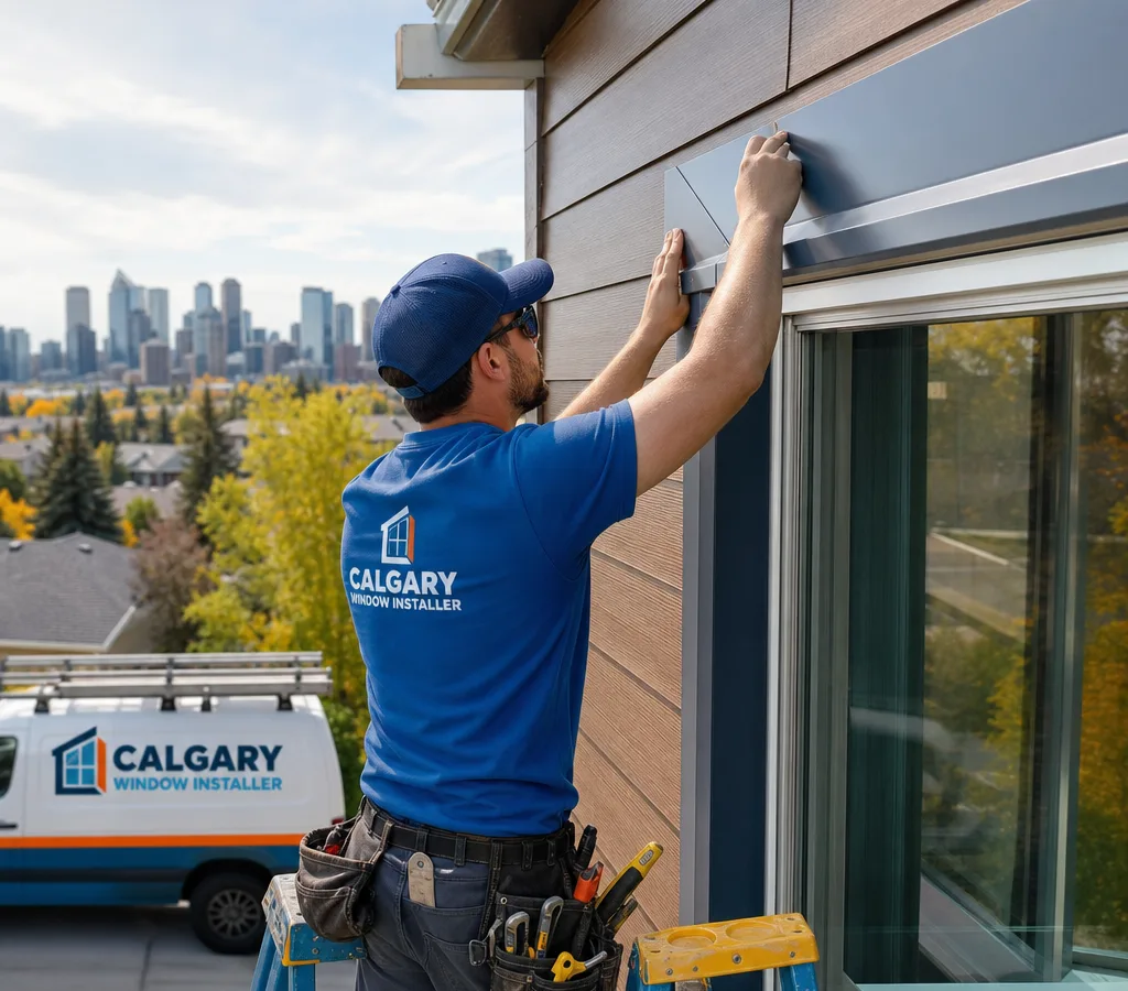 Technician installing pre-bent aluminum cladding around an exterior window on a Calgary home