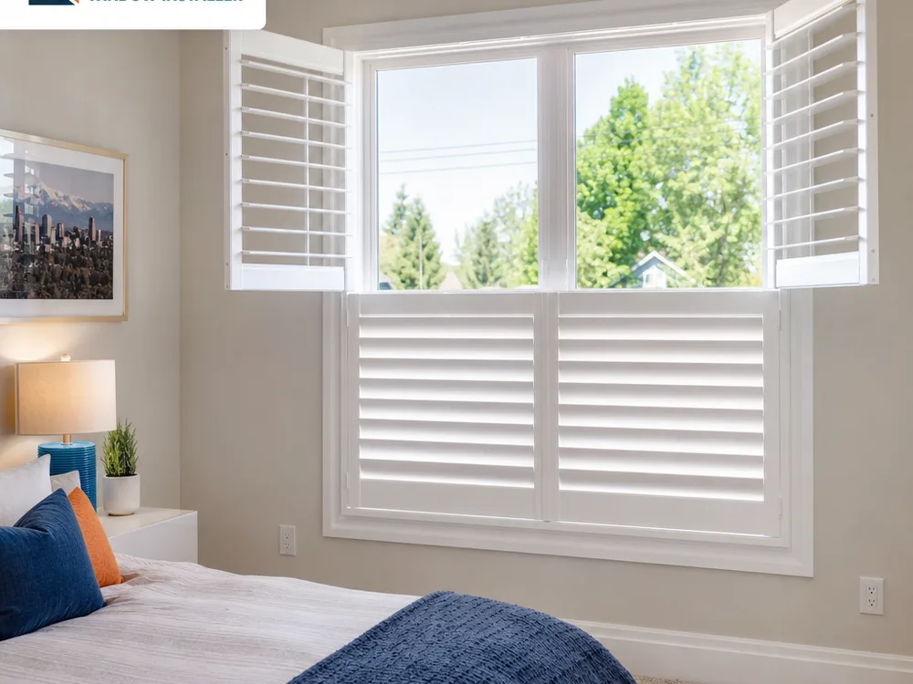 Bedroom with tier-on-tier shutters open at the top and closed below for privacy