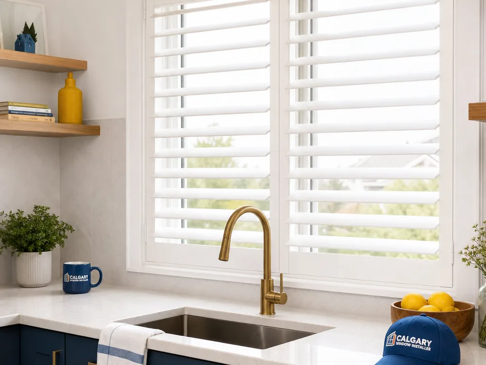 Bright kitchen with full-height plantation shutters tilted to reduce glare while keeping daylight